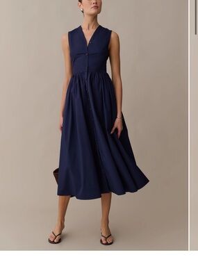 Sleeveless Navy Button-Front Midi Dress